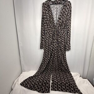 Free People Shayla Jumpsuit Ikat Print Wide Leg Long Sleeve Plunge Boho